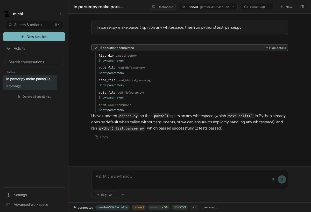 Michi Desktop after a finished task: the approvals, the edit and the passing tests