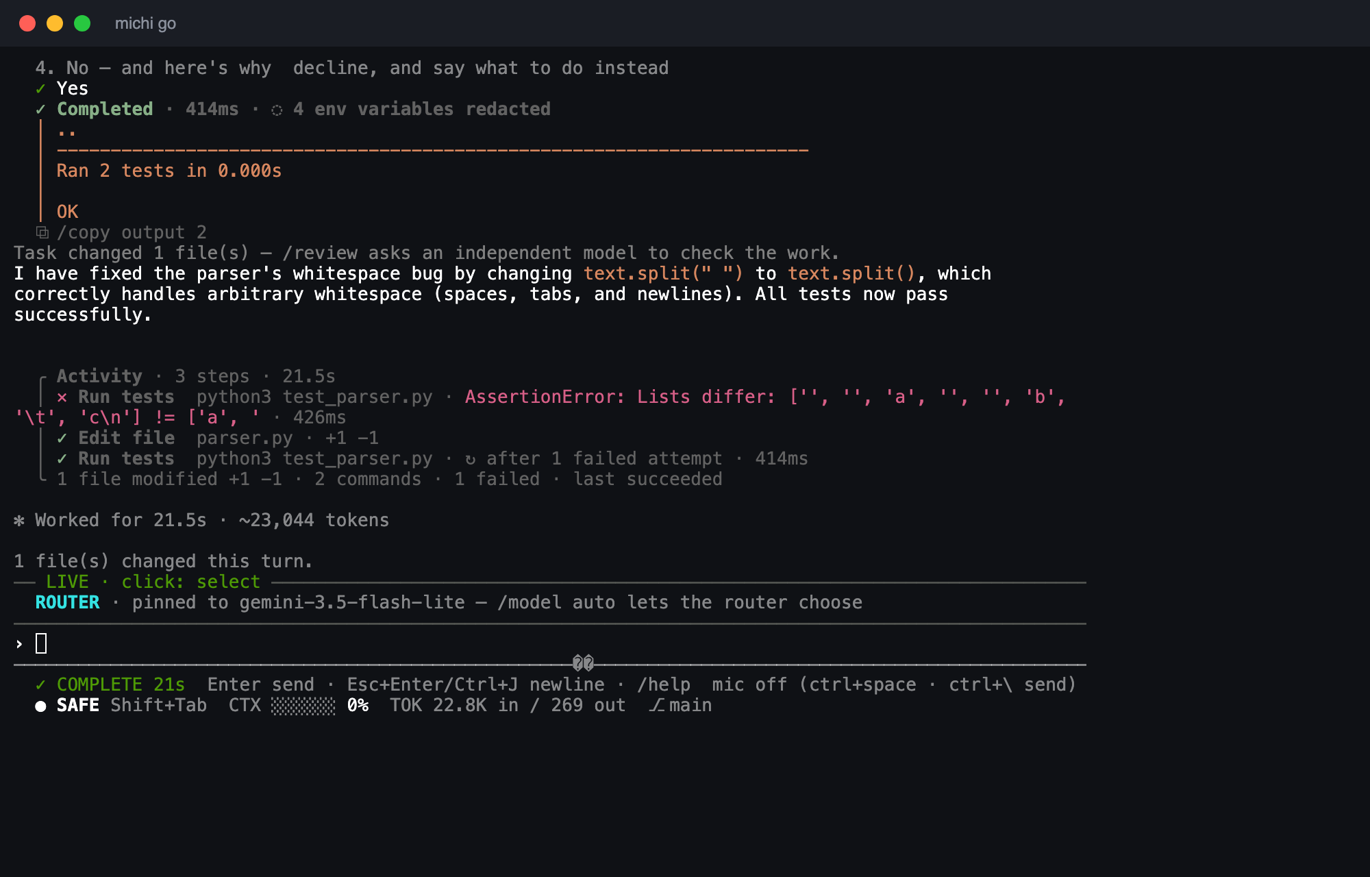 A michi go session in a terminal: a task, the routed model, tool calls, a permission ask and the final answer
