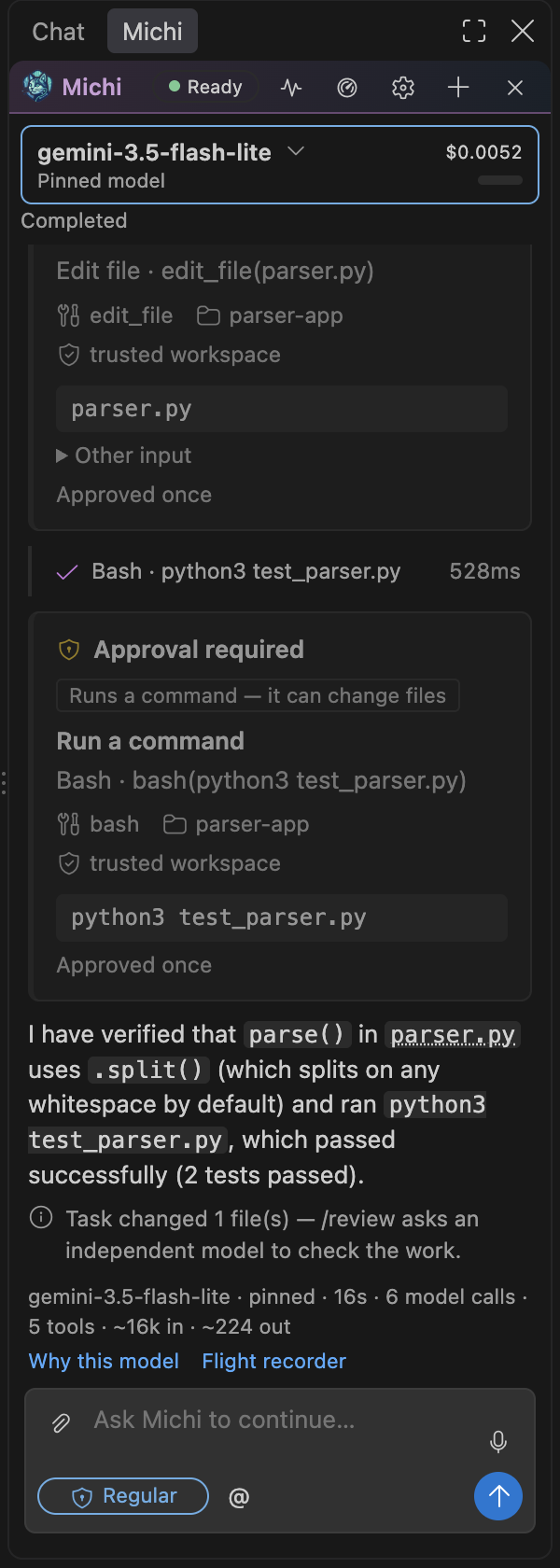 The Michi chat view in VS Code after a finished turn: git status, two reads, an edit with a diff, and a passing test run